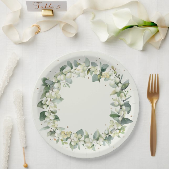 Elegante Cream Snowberry+Eucalyptus Wreath Wedding Pappteller (Hochzeit)