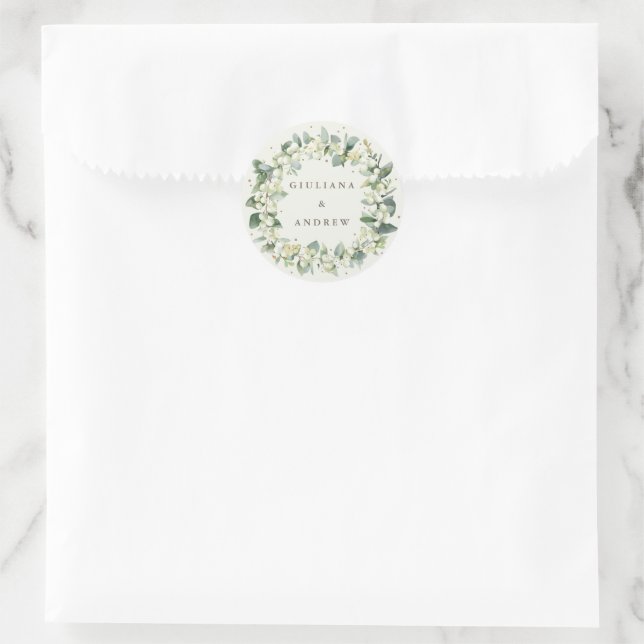 Elegante Cream Snowberry+Eucalyptus Wreath Wedding Runder Aufkleber (Tasche)