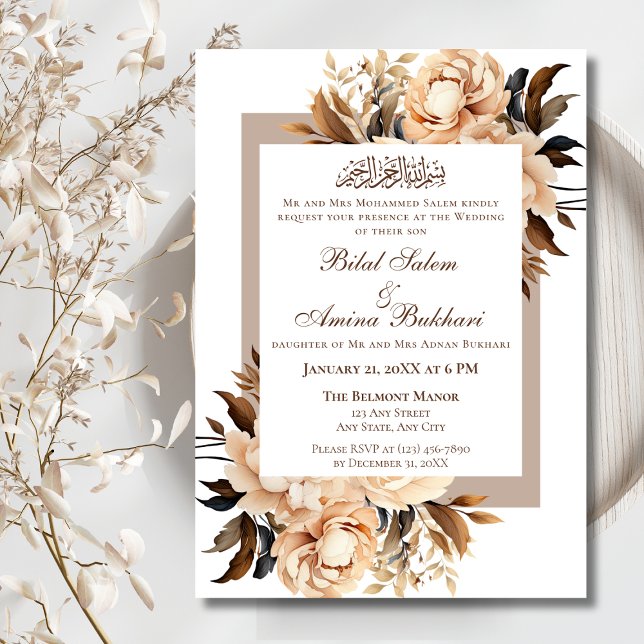Elegante Cream und Tan Floral Islamische Hochzeit Einladung (Von Creator hochgeladen)