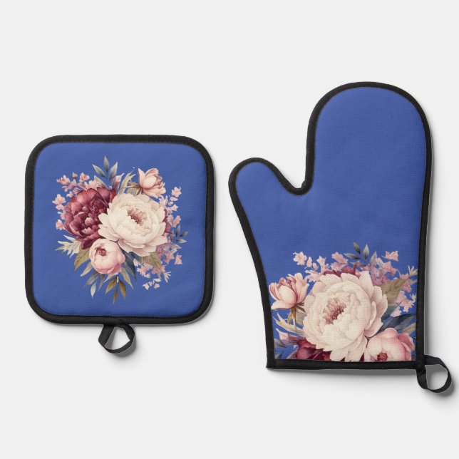 Elegante Creame Peonies, blau Ofenhandschuh & Topflappen-Set (Vorderseite)