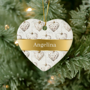 Elegante Creme-Herzen mit goldener Schleife Weihna Keramik Ornament
