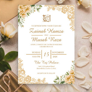Elegante Creme-Rosa-Gold-Spitze-Nikah-Muslim-Hochz Einladung