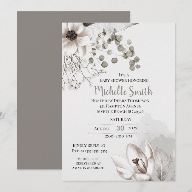 Elégante Crème Sage Floral Baby shower Invitation (Devant / Derrière)
