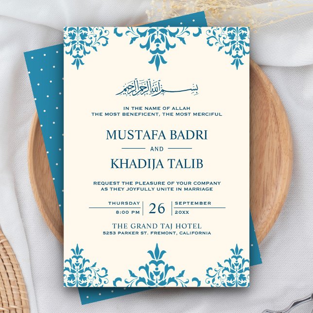 Elegante Creme und Blue Damask Islamische Hochzeit Einladung (Von Creator hochgeladen)