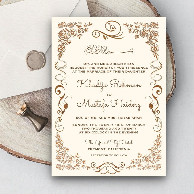 Elegante Creme und braune muslimische Hochzeit Einladung (Von Creator hochgeladen)