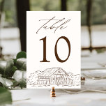 Elegante Creme und braune Rustikale Braut Hochzeit Tischnummer<br><div class="desc">Rustikale Stallkarten mit einer skizzierten Abbildung einer braunen Scheune und eines braunen Waldes am Ende des Designs mit cremefarbenem Hintergrund. Der Tisch wird in eleganter brauner Kalligrafie mit der unten abgebildeten Tischnummer angezeigt, um eine leichte Sichtbarkeit zu gewährleisten. Das Design wiederholt sich auf der Rückseite und sorgt für ein konsistentes...</div>