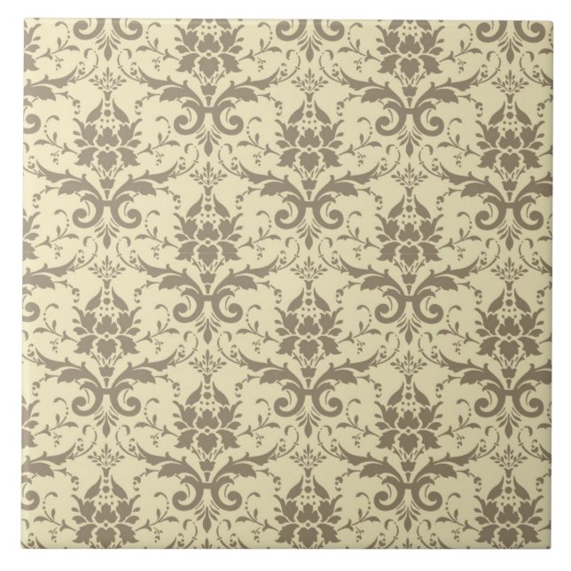 Elegante Creme und Tan Damask Fliese (Vorderseite)