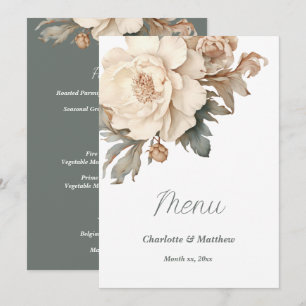 Elegante Creme und Taupe mit grüner Blütenhochzeit Menükarte