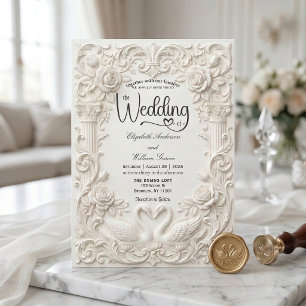 Elegante cremefarbene künstliche Schwäne Hochzeit Einladung
