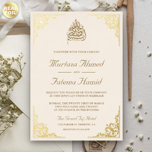 Elegante cremefarbene und goldene islamische musli folieneinladung