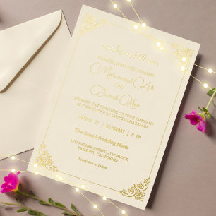 Elegante cremefarbene und goldene islamische musli folieneinladung