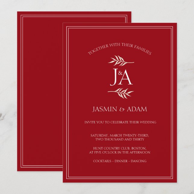 Elegante Crimson Red Classic Monogram Wedding Einladung (Vorne/Hinten)