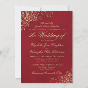 Elegante Crimson Red & Gold feierliche Hochzeit Einladung