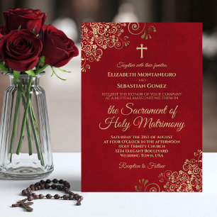 Elegante Crimson Red & Gold Moderne katholische Ho Einladung