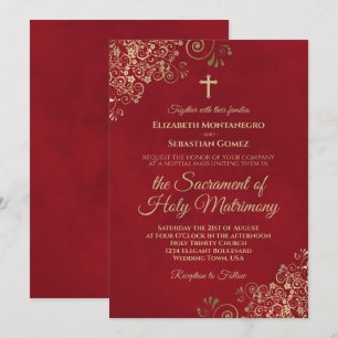 Elegante Crimson Red & Gold Moderne katholische Ho Einladung