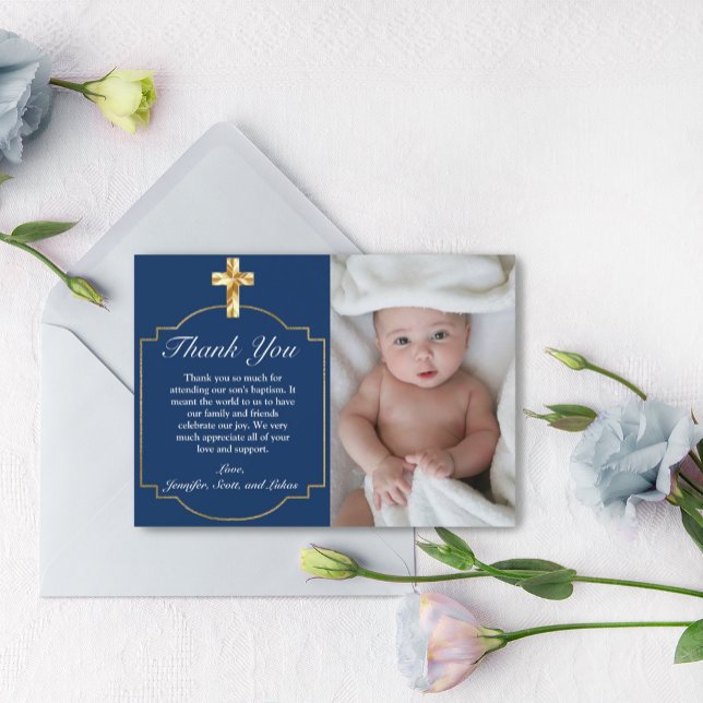 Elégante Croix Bleue Or Garçons Baptême Merci (ELEGANT NAVY BLUE GOLD CROSS PHOTO BAPTISM THANK YOU CARD WITH ENVELOPE)