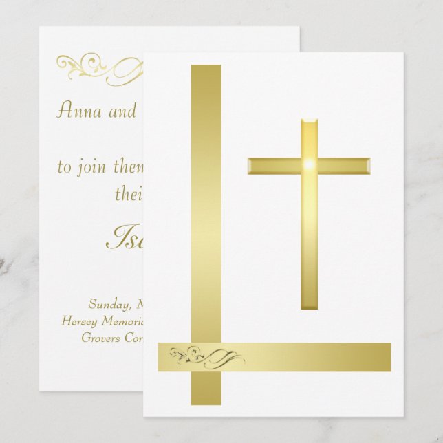 Elégante Croix d'or Baptême Christening Invitation (Devant / Derrière)