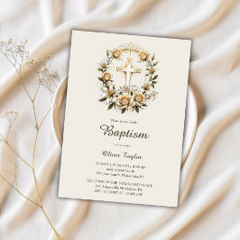 Elegante Cross Floral Wreath Klassische Taufe Einladung