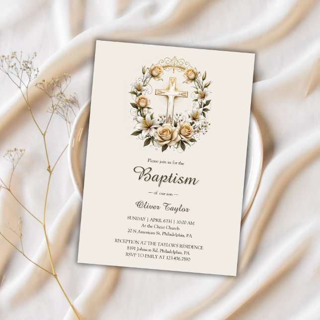 Elegante Cross Floral Wreath Klassische Taufe Einladung (Elegant Cross Floral Wreath Classic Baptism Invitation)