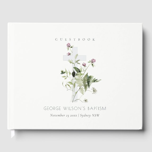 Elegante Cross Lila Wildblume Blumentaufen Gästebuch (Vorderseite)