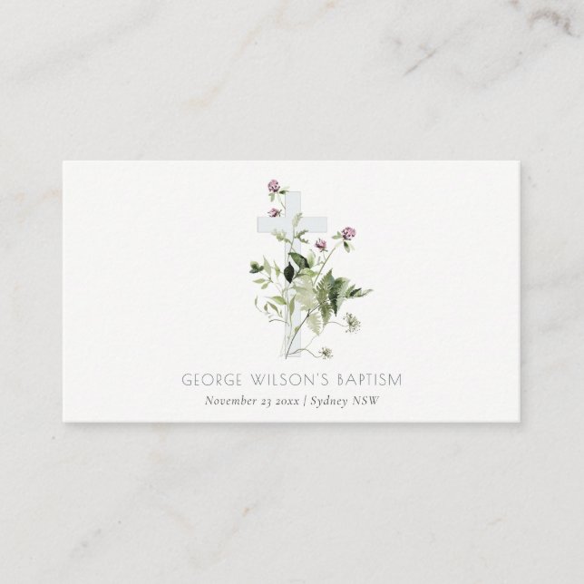 Elegante Cross Lila Wildblume Blumentaufen Platzkarte (Vorderseite)