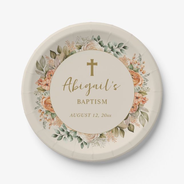 Elegante Cross Peach Cream Floral Baby Girl Taufe Pappteller (Vorderseite)