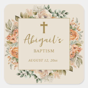 Elegante Cross Peach Cream Floral Baby Girl Taufe Quadratischer Aufkleber