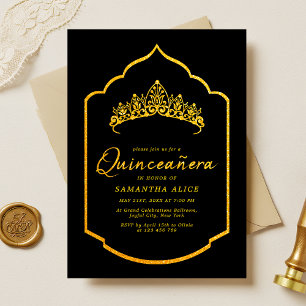 Elegante Crown Black and Gold Quinceanera Einladung