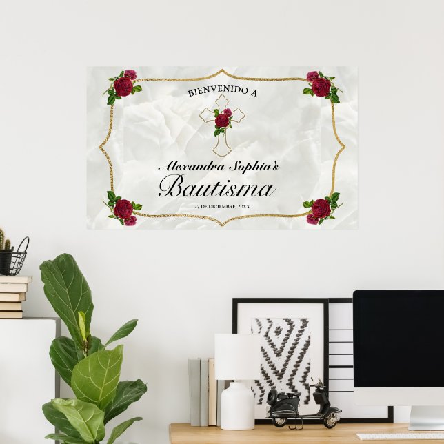Elegante Cruz Dorada Rosas Rojas Niñas Bautismo Poster (Heimbüro)