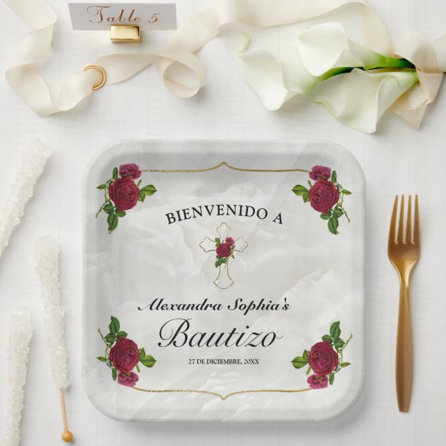 Elegante Cruz Dorada Rosas Rojas Niñas Bautizo Pappteller (Hochzeit)