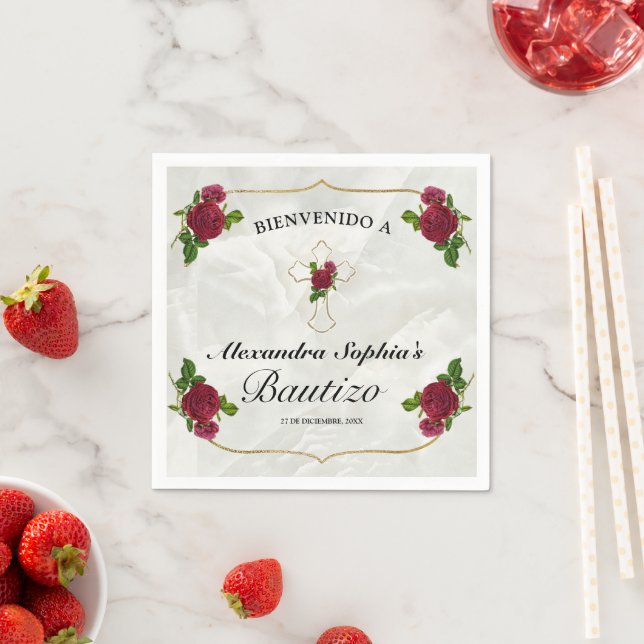 Elegante Cruz Dorada Rosas Rojas Niñas Bautizo Serviette (Beispiel)