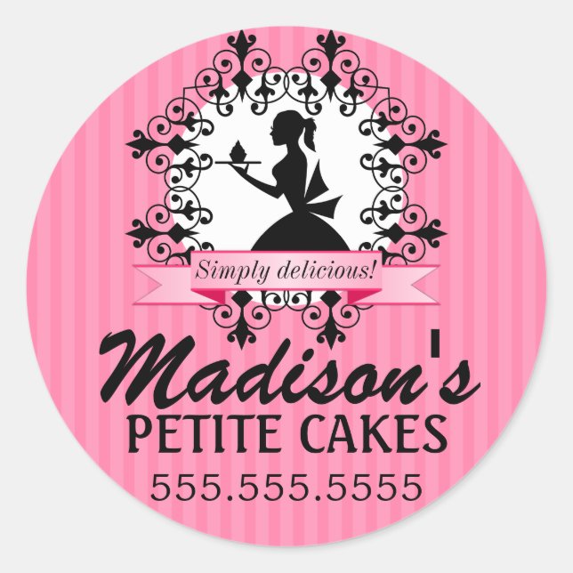 Elegante Cupcake Bäckerei Lady Silhouette Box Sieg Runder Aufkleber (Vorderseite)