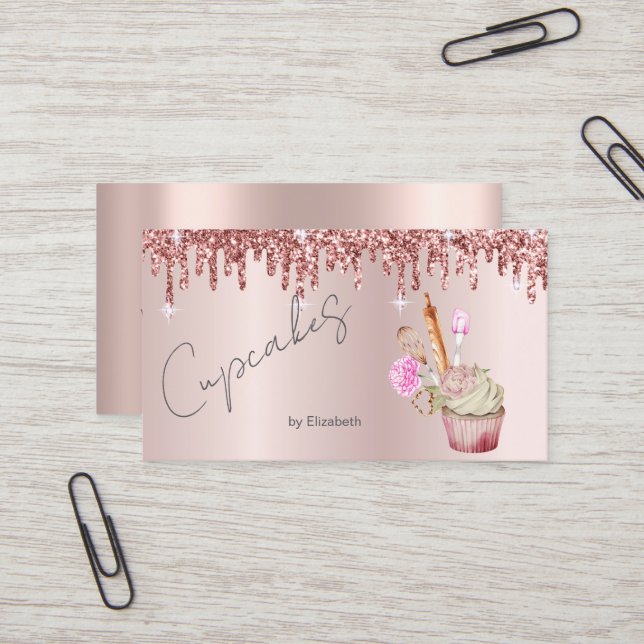 Elegante Cupcake Bakery Tools Rose Gold Tropfen Visitenkarte (Vorderseite/Rückseite Beispiel)