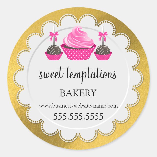 Elegante Cupcake Cake Pops Doily Imitate Goldene F Runder Aufkleber (Vorderseite)