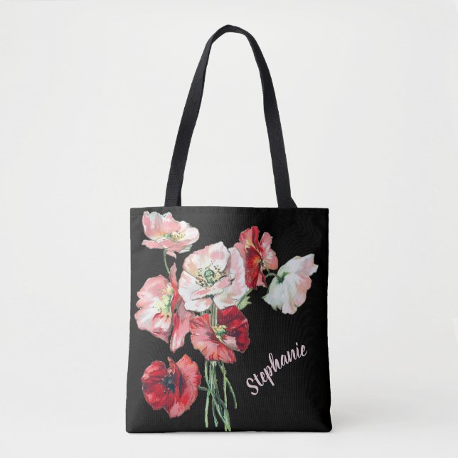 Elegante Cursive Script Name Watercolor Art Poppie Tasche (Vorderseite)