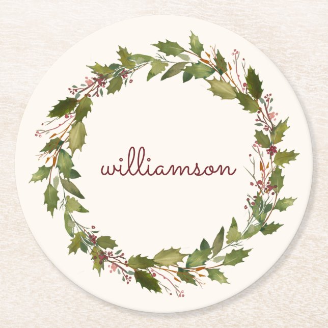 Elegante Custom Christmas Wreath Vintages Skript Runder Pappuntersetzer (Vorderseite)