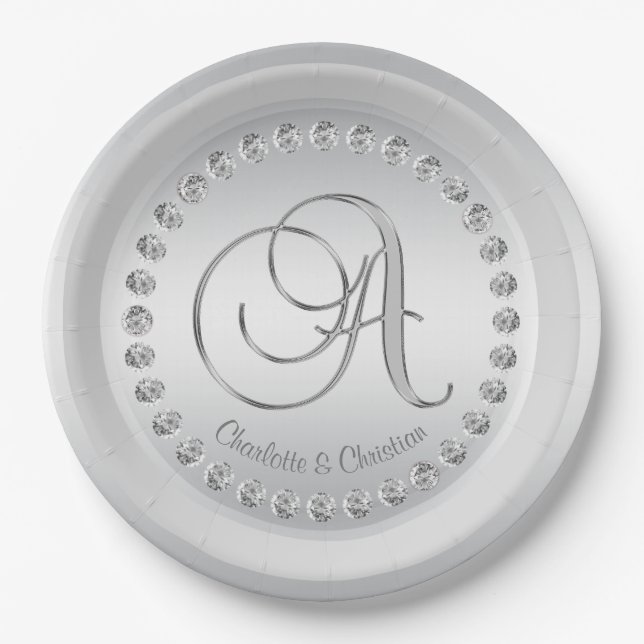 Elegante Custom Diamond Silver Monogram Wedding Pappteller (Vorderseite)