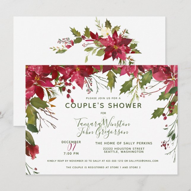 Elegante Custom Floral Christmas Couples Dusche Einladung (Vorne/Hinten)