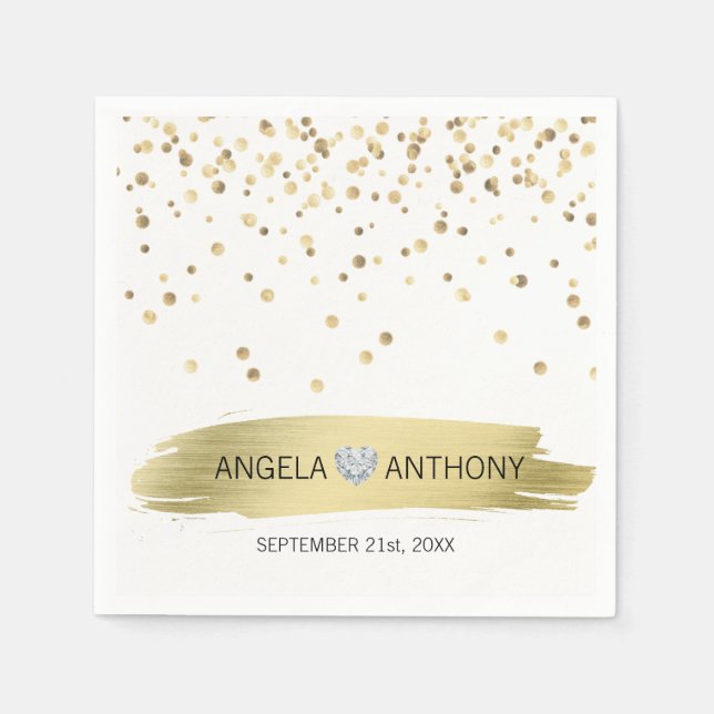 Elegante Custom Heart White Gold Confetti Wedding Serviette (Vorderseite)