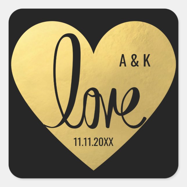 Elegante Custom Imitate Goldene Foil LIEBE Schwarz Quadratischer Aufkleber (Vorderseite)