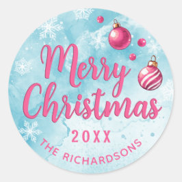 Elegante Custom Merry Christmas Blau und Pink Runder Aufkleber