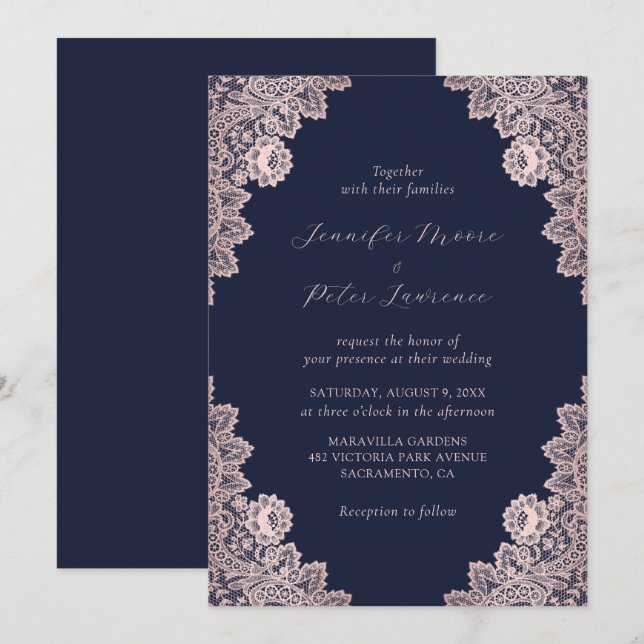 Elegante Custom Rose Gold und Navy Blue Wedding Einladung (Vorne/Hinten)