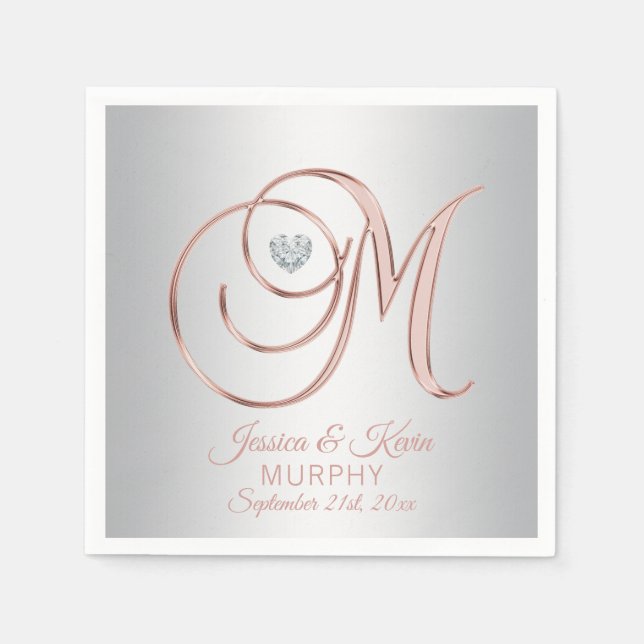 Elegante Custom Silver Gray Rose Gold Wedding Serviette (Vorderseite)