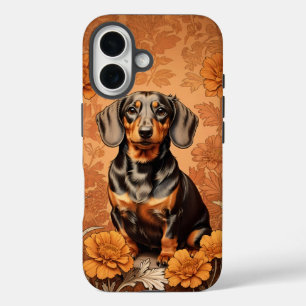 Elegante Dackel und Marigolds iPhone 16 Hülle