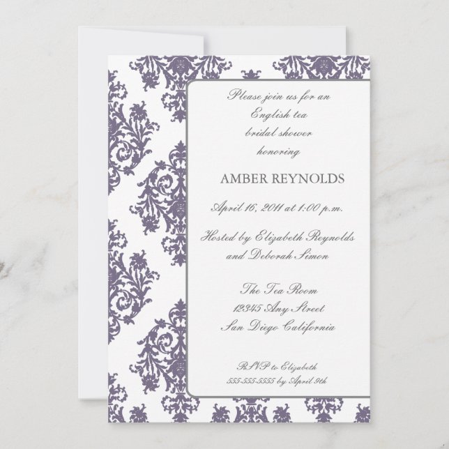 Elegante Damask Bridal Dusche Einladung Aubergine (Vorderseite)