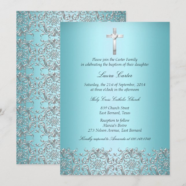 Elegante Damask & Cross Aquamarine Taufe/Christeni Einladung (Vorne/Hinten)