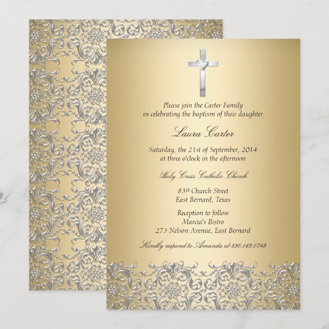 Elegante Damask Cross Gold Taufen/Christening Einladung (Vorne/Hinten)