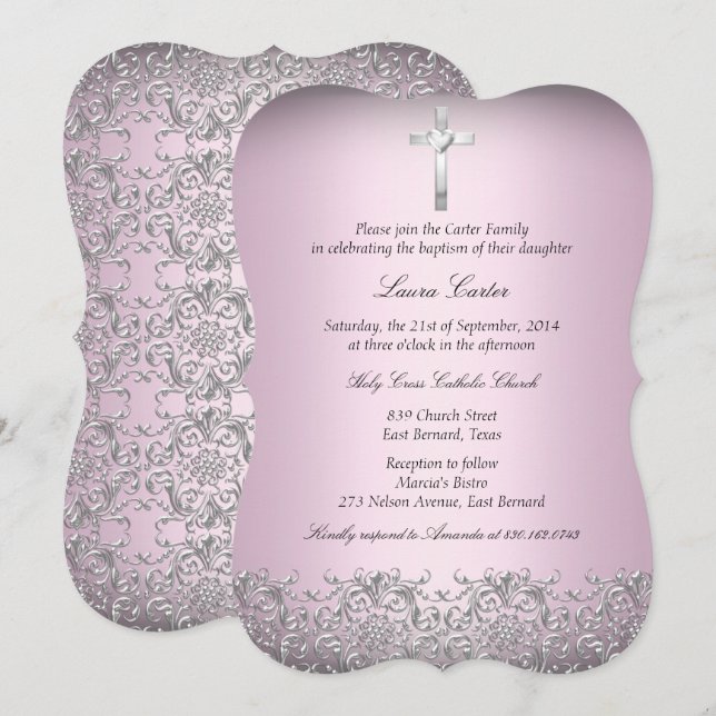 Elegante Damask & Cross Pink Taufe/Christening 2 Einladung (Vorne/Hinten)