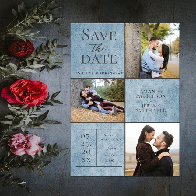 Elegante Damask Drei Fotosammlungen | Blau Save The Date (Elegant Damask Three Photo Save the Date - Blue)