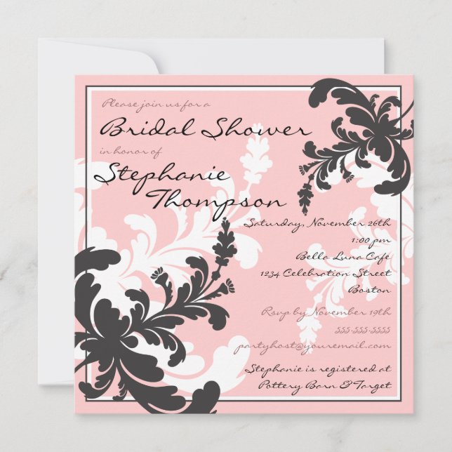 Elegante Damask Floral Bridal Dusche Einladung (Vorderseite)